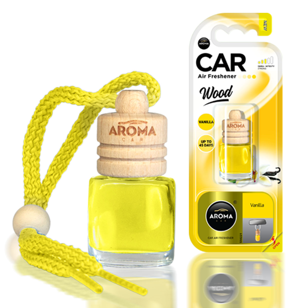 Aroma Wood αρωματικό αυτοκινήτου με άρωμα βανίλιας, γυάλινο μπουκάλι και ξύλινο καπάκι