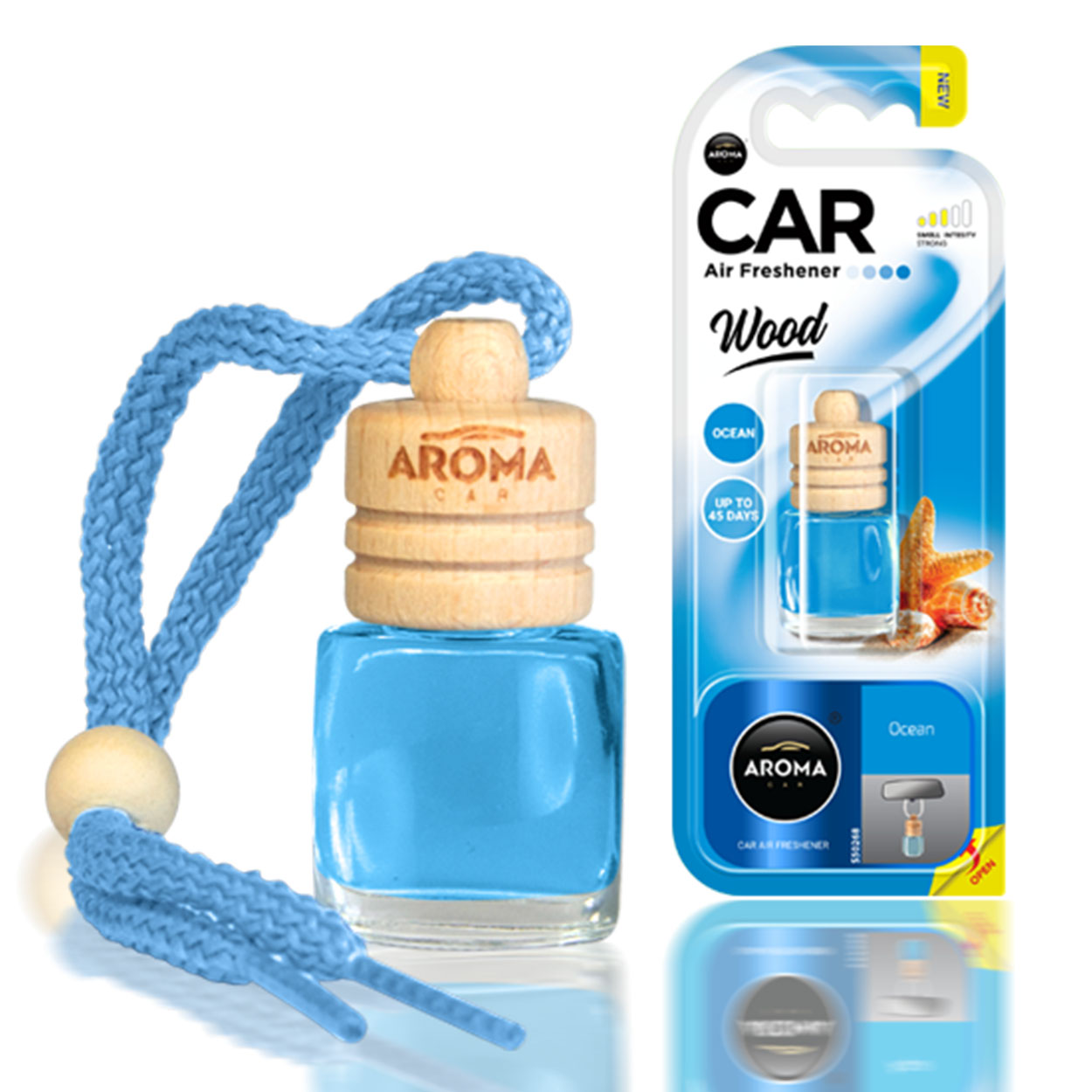 Aroma Car Wood Ocean αρωματικό αυτοκινήτου με γυάλινο μπουκάλι και ξύλινο καπάκι