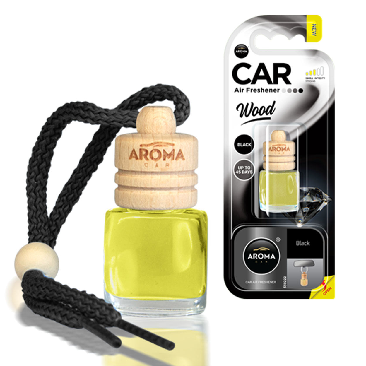 Αρωματικό αυτοκινήτου Aroma Wood Black με γυάλινο μπουκαλάκι και ξύλινο καπάκι
