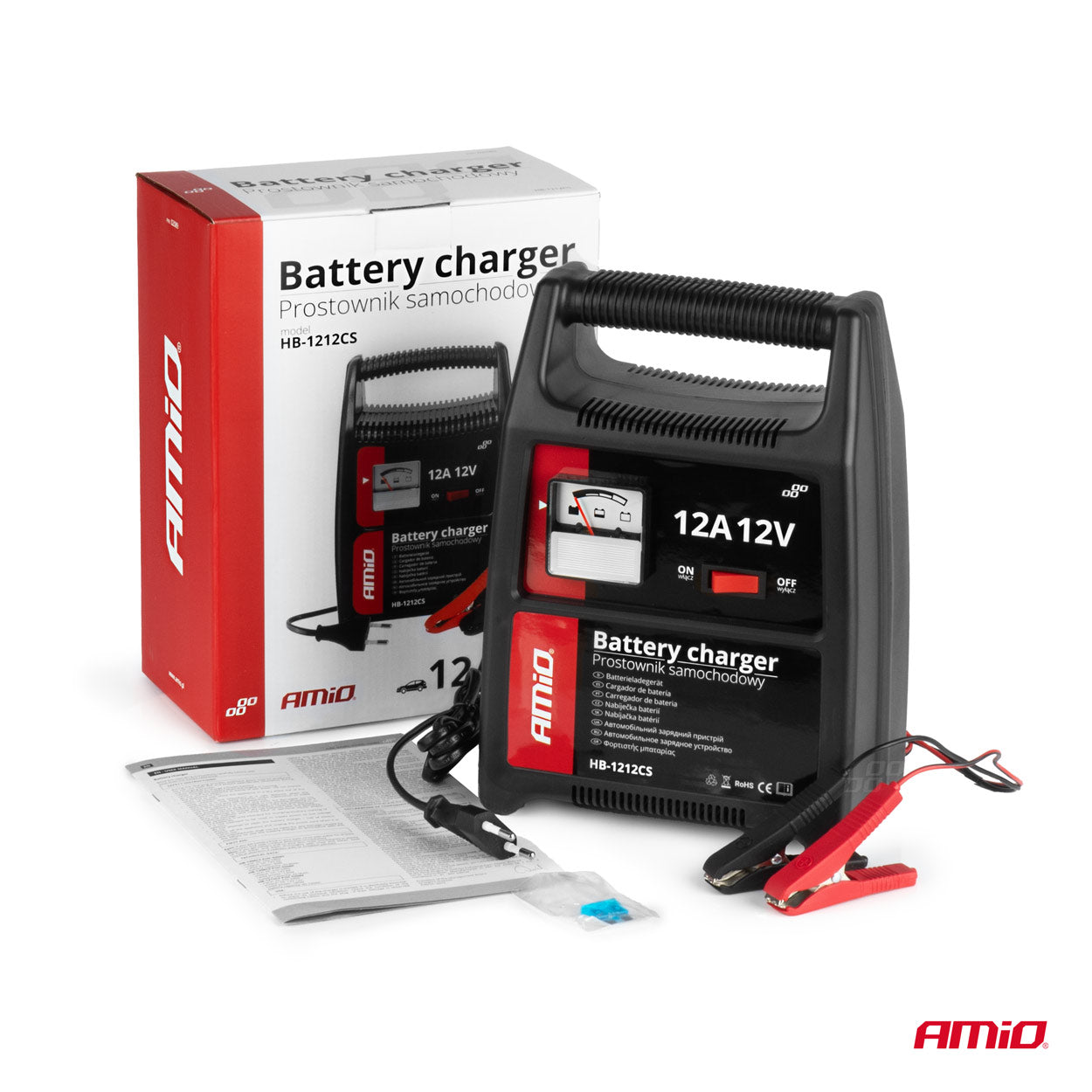 12V batterioplader med beskyttede ladeklemmer