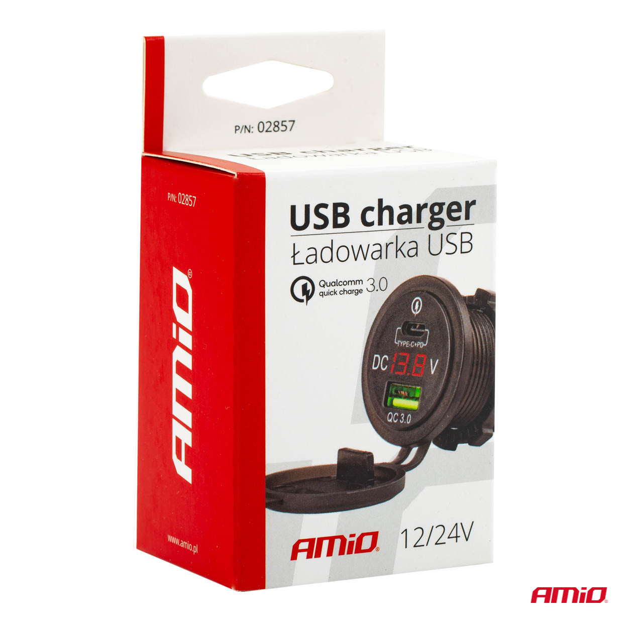 Vandtæt telefonoplader med USB, USB-C og digitalt voltmeter