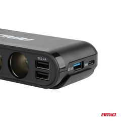 Biladapter med voltmeter, USB-A QC og USB-C PD 30W