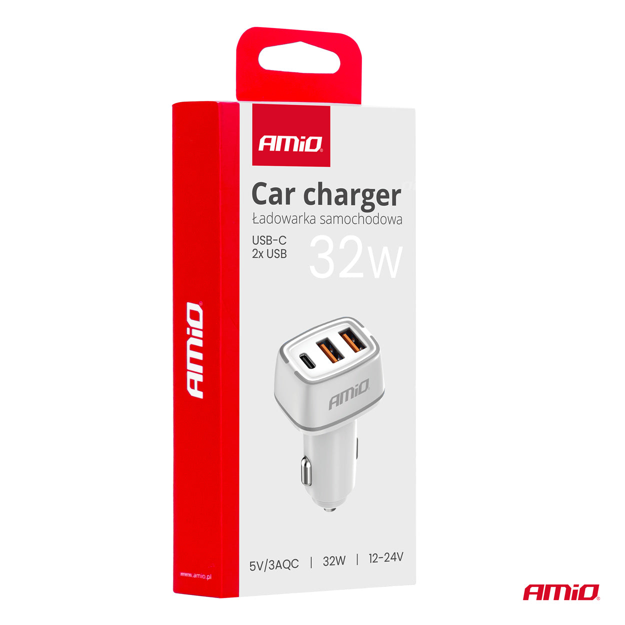 Hvid billader til 12–24 V med USB-A og USB-C