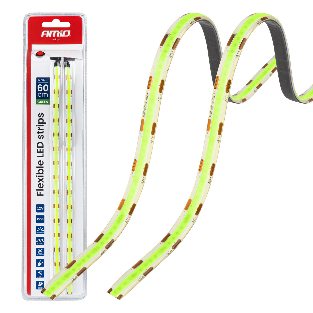 Fleksible grønne COB LED-strips på 2 x 30 cm