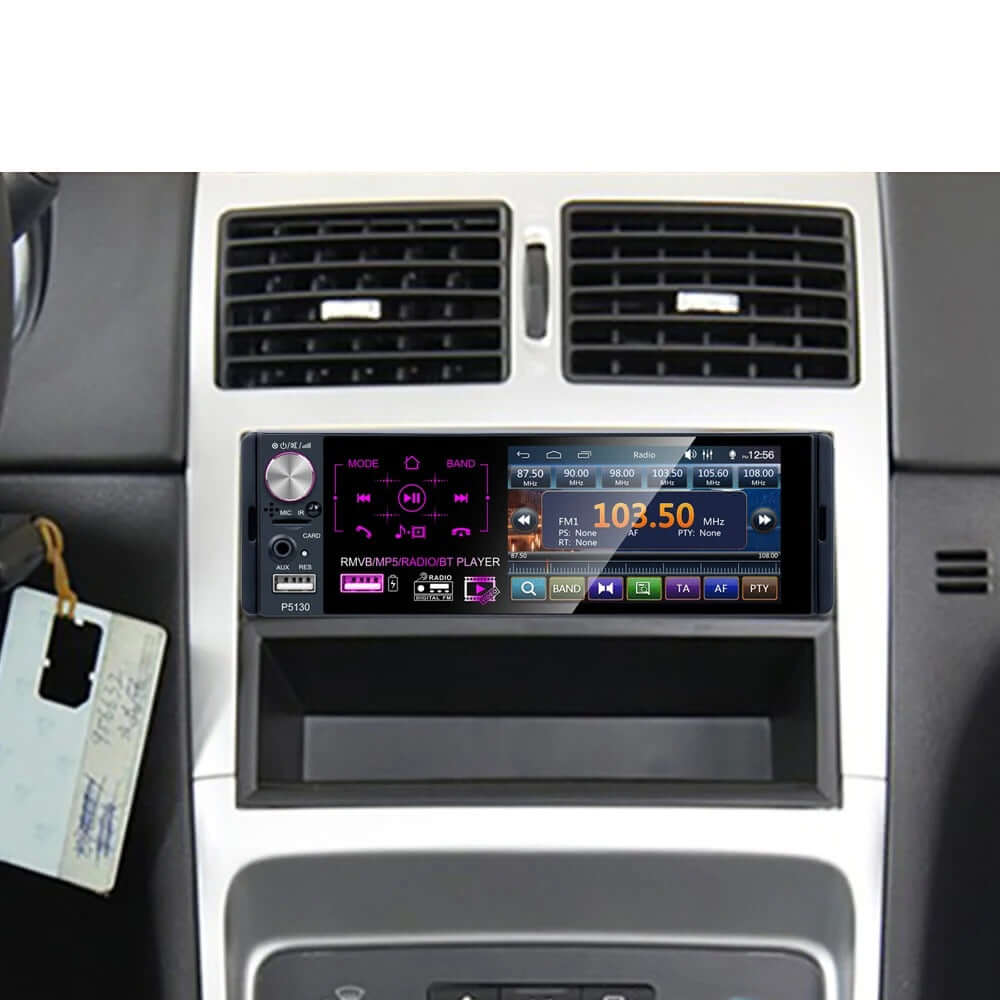 1-DIN 4,1" autoradio αυτοκινήτου με Bluetooth, USB και υποστήριξη κάμερας οπισθοπορείας, τοποθετημένο στην κεντρική κονσόλα του αυτοκινήτου με καθαρή οθόνη αφής.