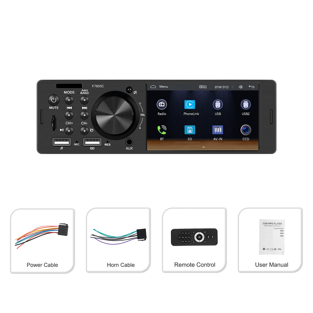 Universal ραδιόφωνο 1-DIN 4" με Apple CarPlay και Android Auto (ενσύρματο), οθόνη 4" και αξεσουάρ.