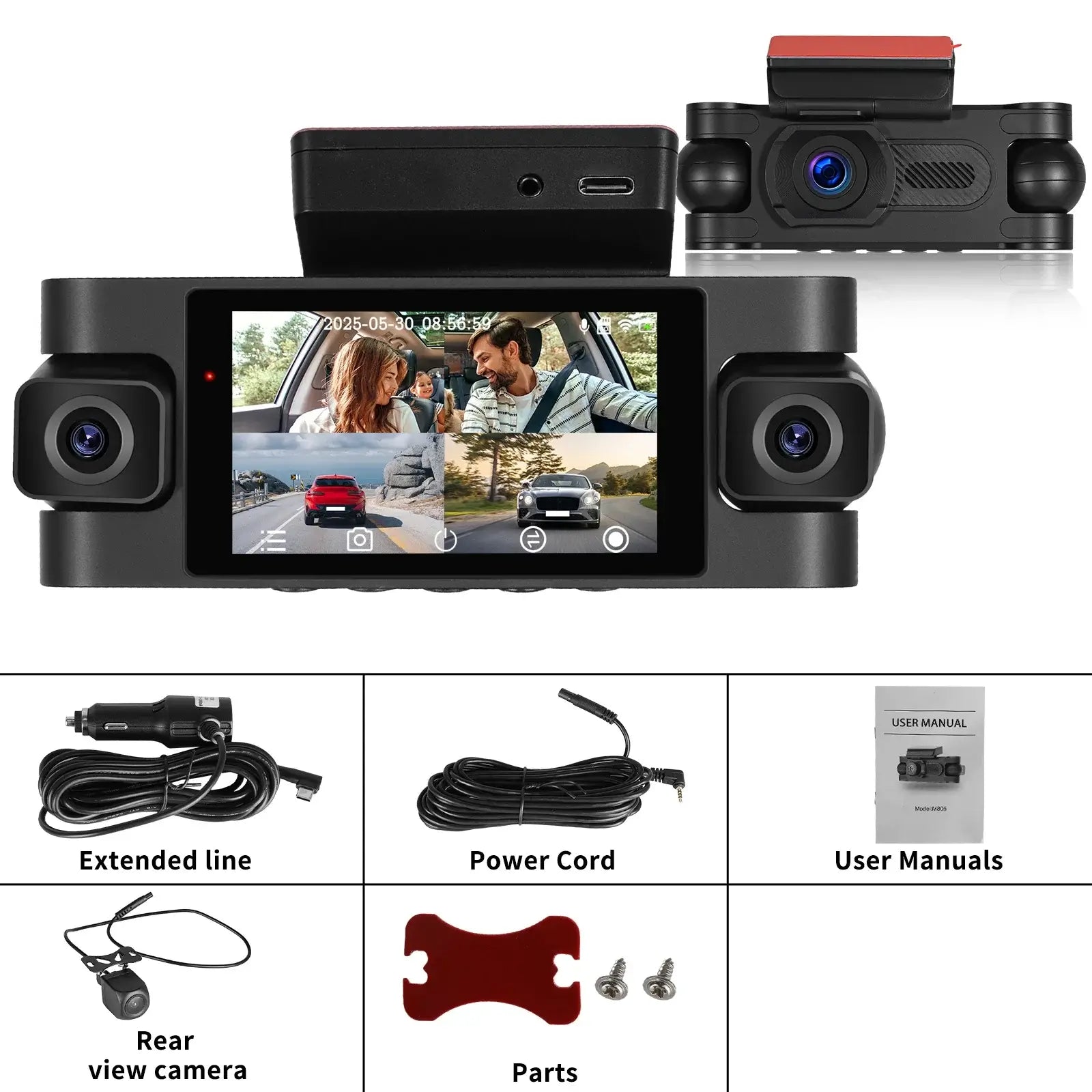 Dash Cam 2K με 4 φακούς, οθόνη αφής και παρακολούθηση 360° με δύο κάμερες και οθόνη αφής σε χρήση.