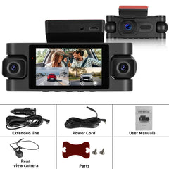 Dash Cam 2K με 4 φακούς, οθόνη αφής και παρακολούθηση 360° με δύο κάμερες και οθόνη αφής σε χρήση.