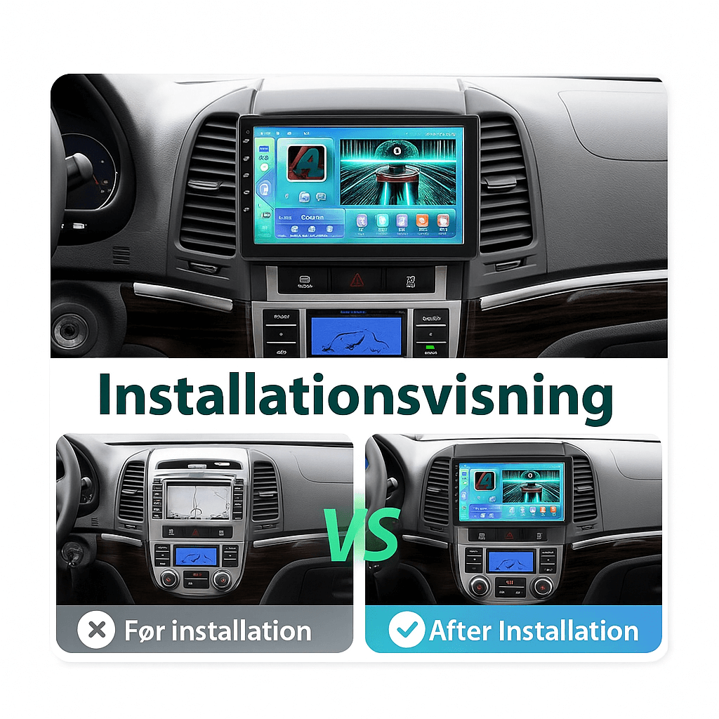 Hyundai Santa Fe 2006-2012 – 9" radio met Apple CarPlay en Android Auto, installatieweergave vóór en na installatie.