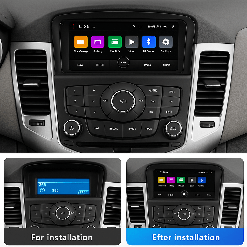 <h2>Chevrolet Cruze 09-14 ραδιόφωνο 7" με Apple CarPlay και Android Auto – σύγκριση εγκατάστασης πριν και μετά</h2>