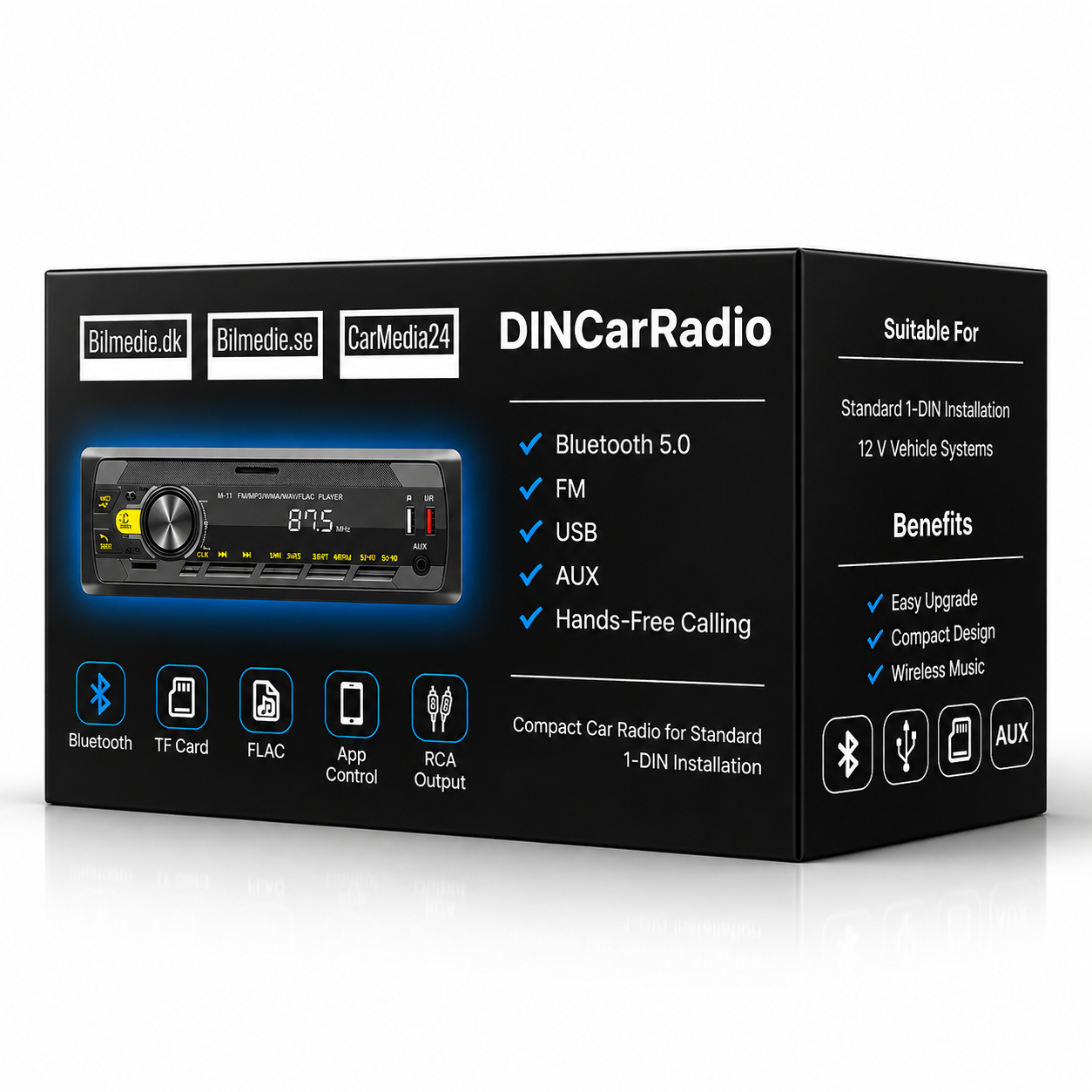 Connect 1-DIN Bilradio med Bluetooth 5.0, FM, USB, AUX & Håndfri på emballage med specifikationer.