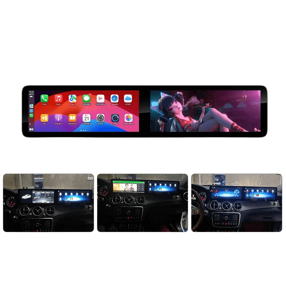 Mercedes A/CLA/GLA - 2x 12.3" scherm met Apple CarPlay en Android Auto, met dubbele schermweergave voor het auto-interieur.