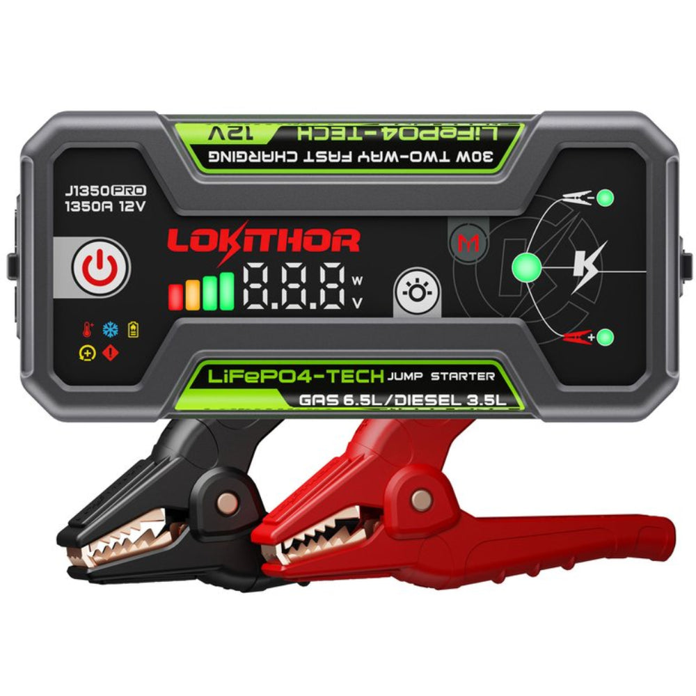 Lokithor Jumpstarter J1350 PRO 12V 1350A with clamps and display showing voltage and status indicators.