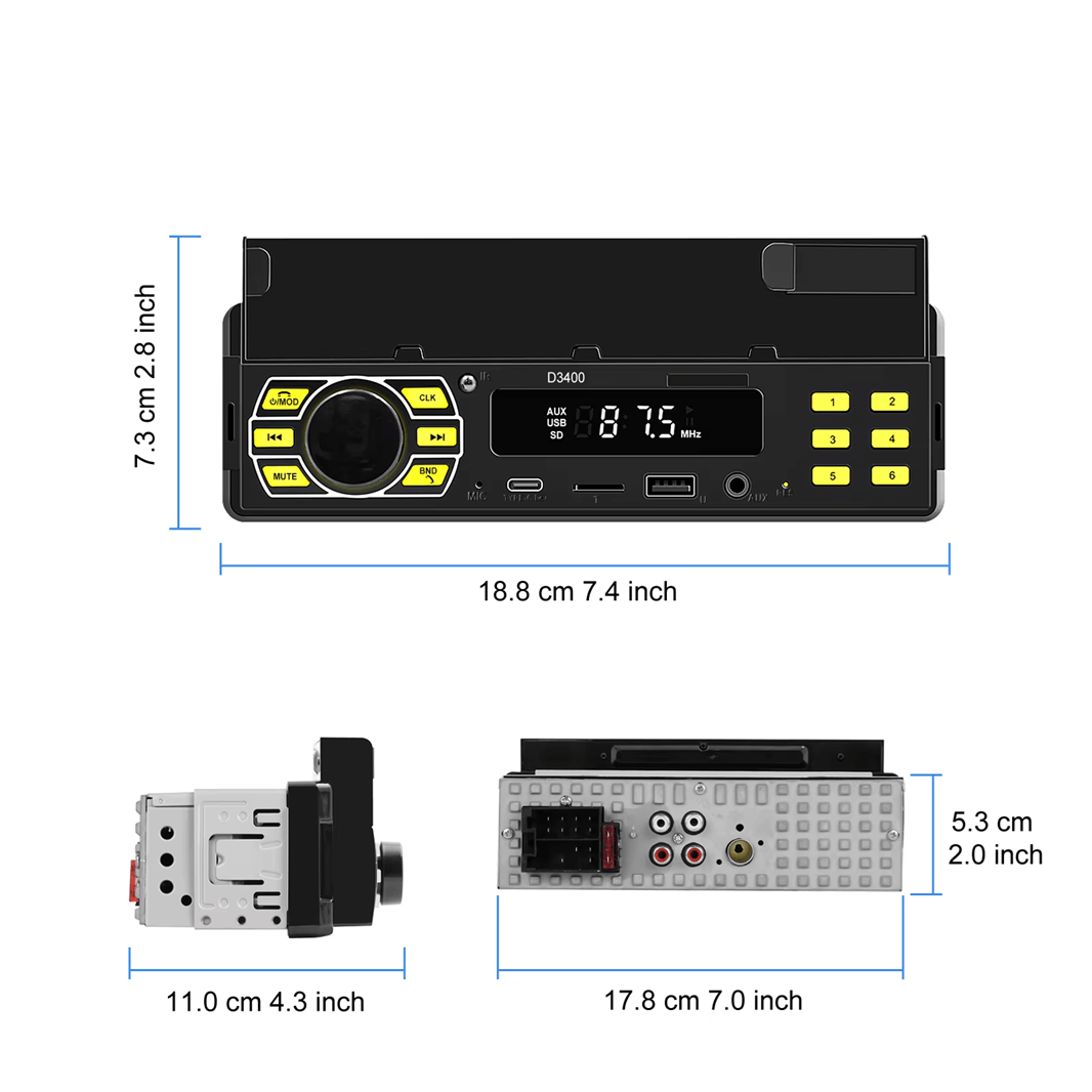 Universal ραδιόφωνο 1-DIN με βάση κινητού, USB-C και Bluetooth 5.1 με ψηφιακή οθόνη και θύρες.