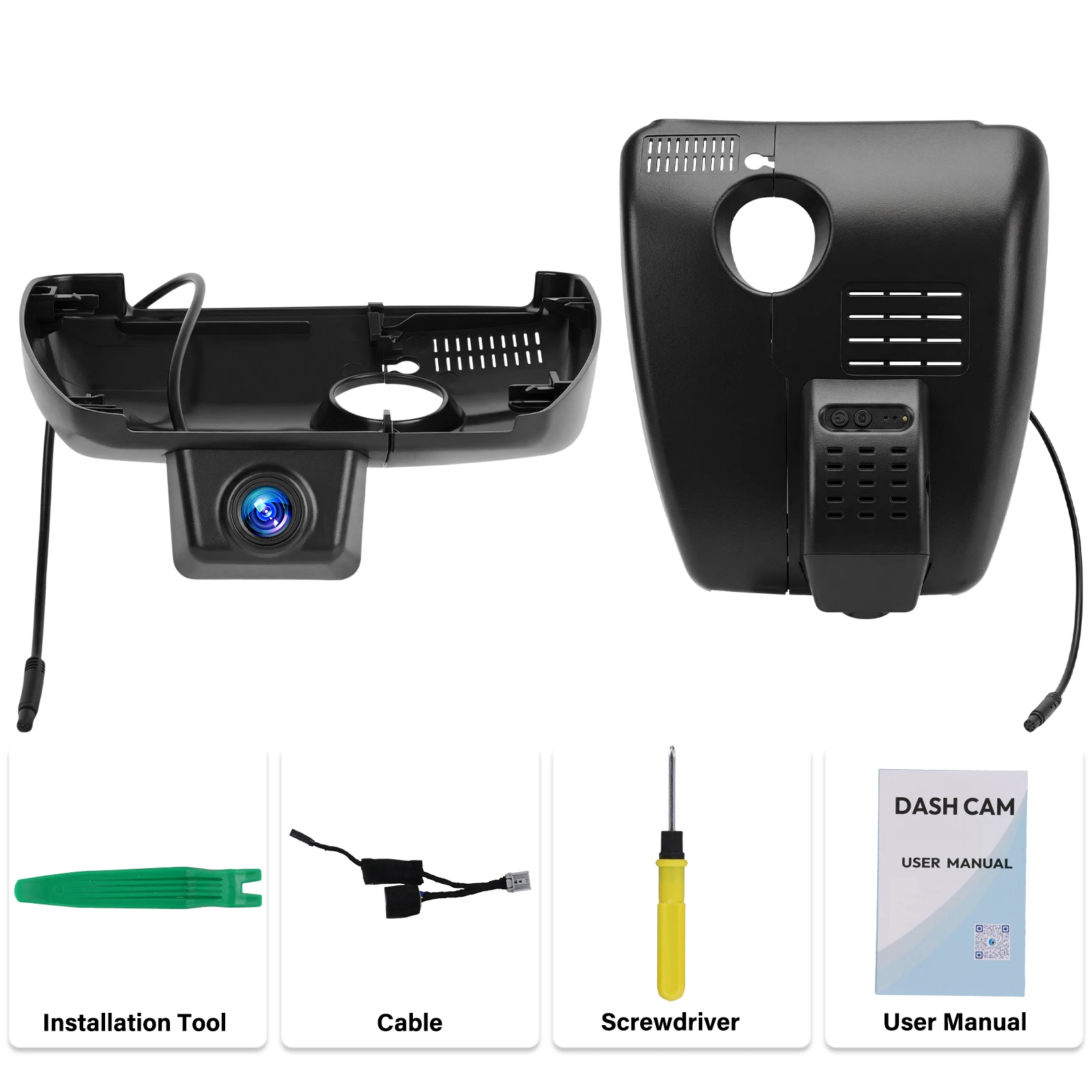 Κιτ εγκατάστασης dashcam 4K OEM-look για Mazda CX-5 & CX-9, που περιλαμβάνει κάμερα, εργαλεία και εγχειρίδιο χρήσης.