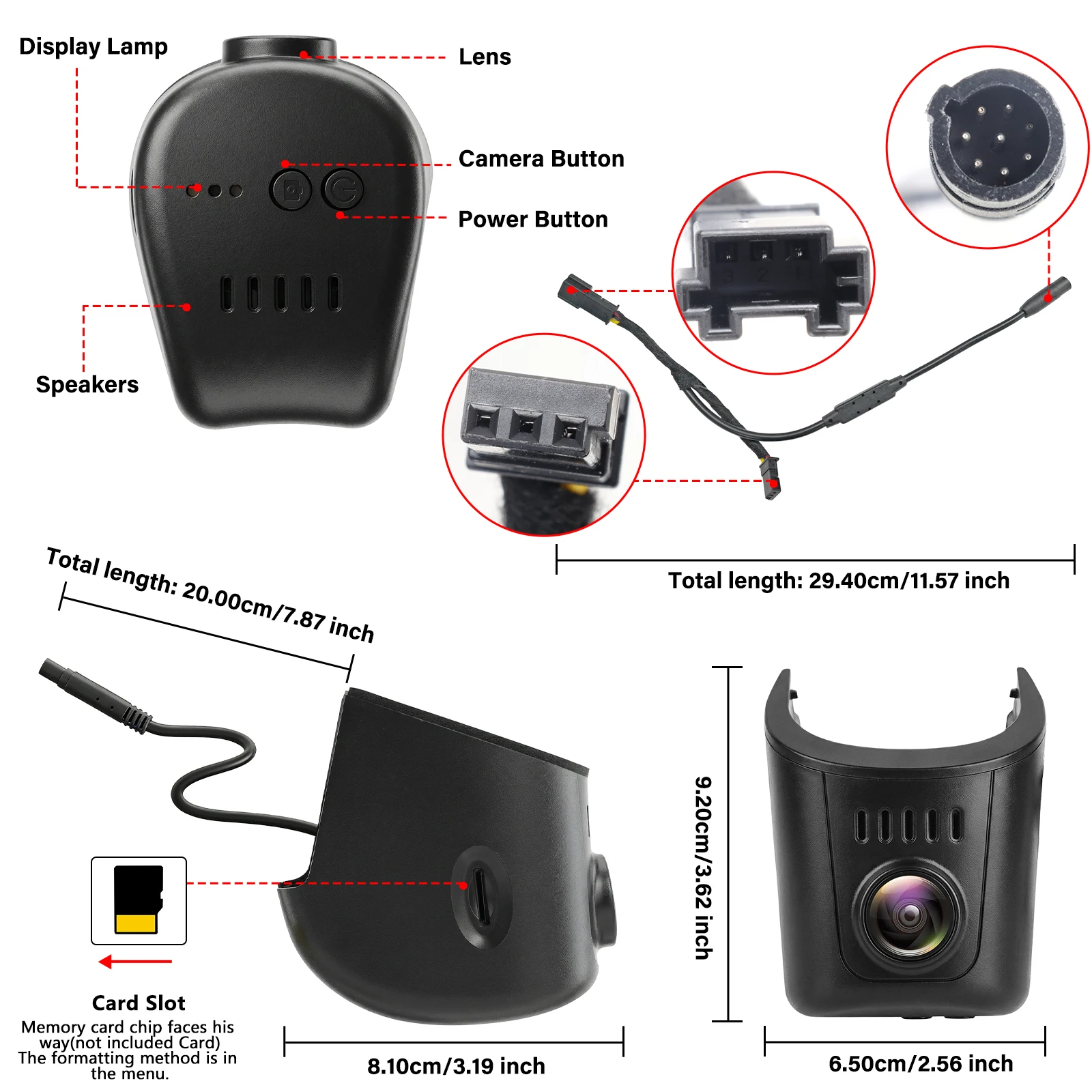 Audi dashcam 4K OEM-look σε λεπτομερή προβολή, που παρουσιάζει στοιχεία όπως ο φακός, τα κουμπιά και η υποδοχή κάρτας.