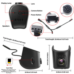 Audi dashcam 4K OEM-look σε λεπτομερή προβολή, που παρουσιάζει στοιχεία όπως ο φακός, τα κουμπιά και η υποδοχή κάρτας.