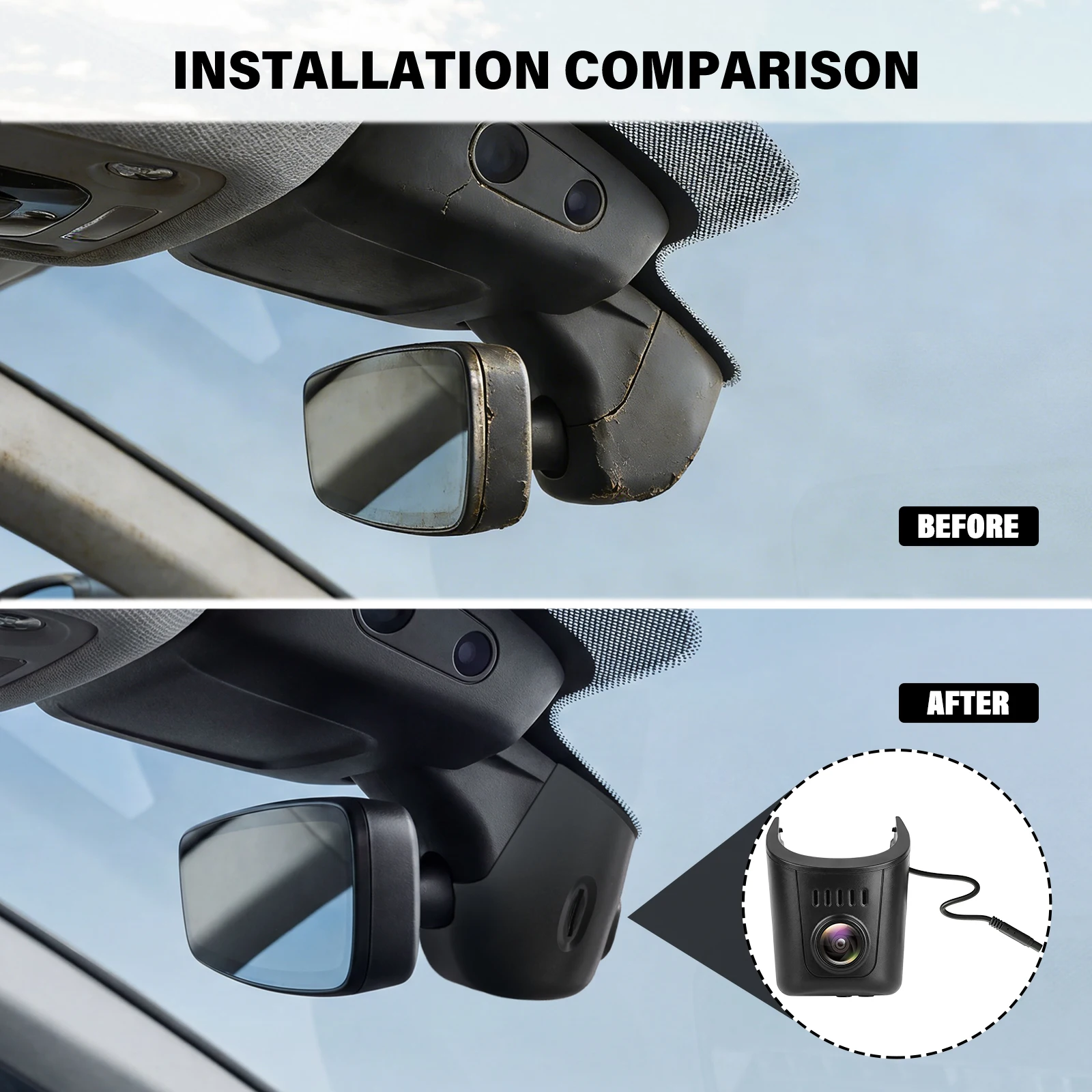Σύγκριση εγκατάστασης της Audi dashcam 4K OEM-look με προβολή πριν και μετά.