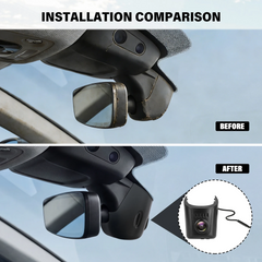 Σύγκριση εγκατάστασης της Audi dashcam 4K OEM-look με προβολή πριν και μετά.