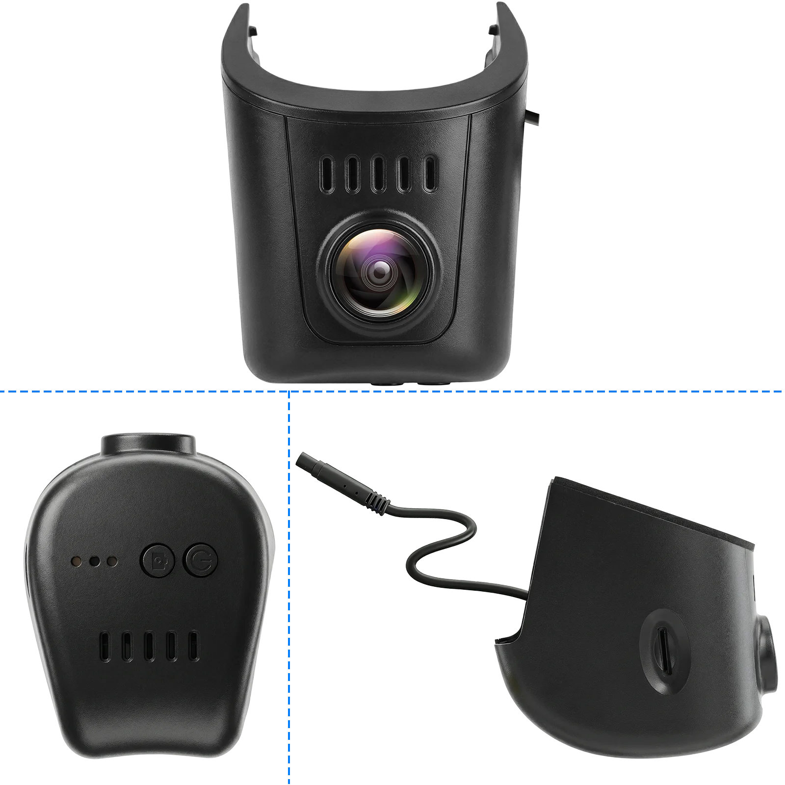 Audi dashcam 4K OEM-look σε μπροστινή και πλαϊνή όψη, που αναδεικνύει τον κομψό σχεδιασμό και τον ενσωματωμένο φακό για διακριτική εγκατάσταση.