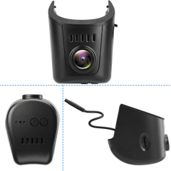 Audi dashcam 4K OEM-look σε μπροστινή και πλαϊνή όψη, που αναδεικνύει τον κομψό σχεδιασμό και τον ενσωματωμένο φακό για διακριτική εγκατάσταση.