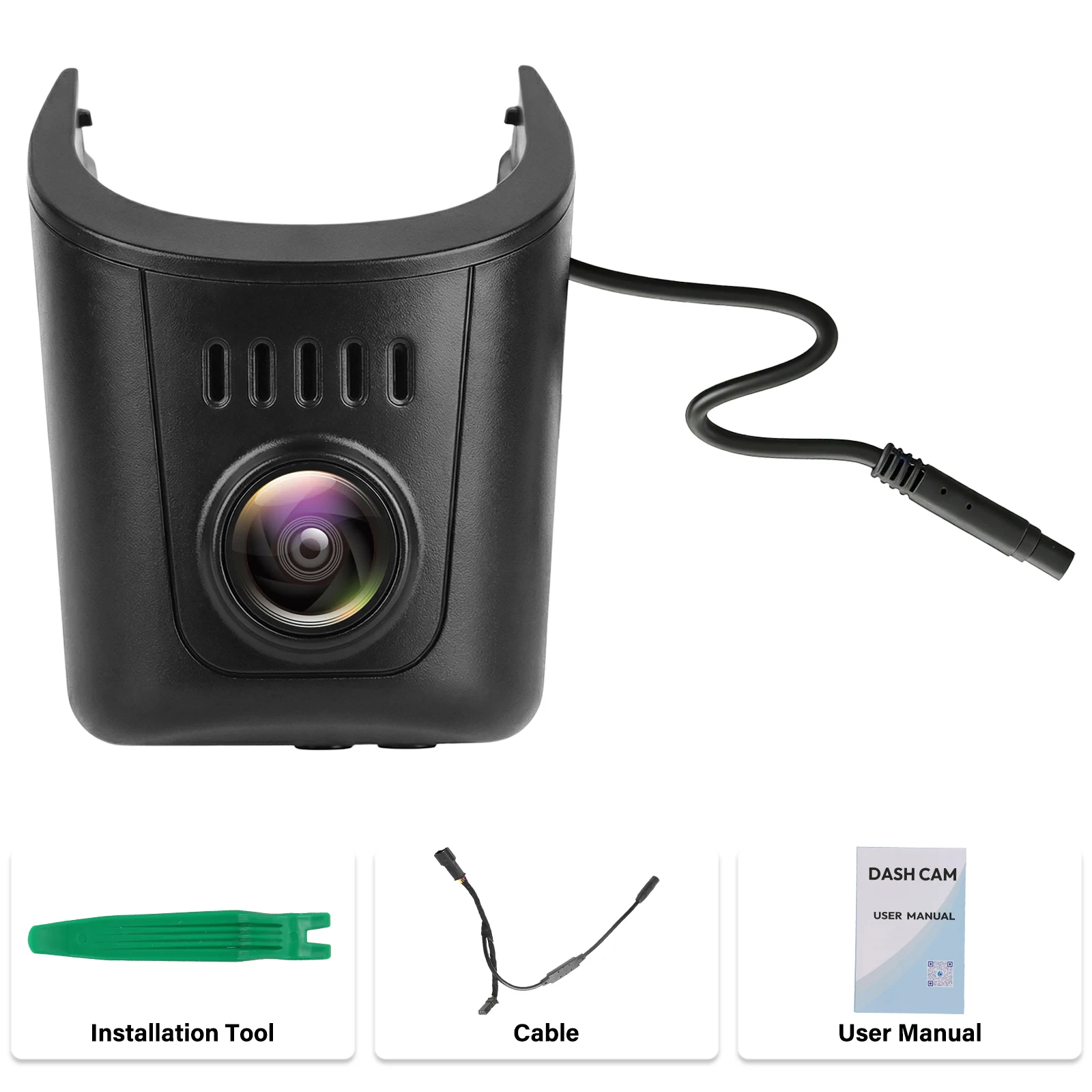 Audi dashcam 4K OEM-look με εργαλείο εγκατάστασης, καλώδιο και εγχειρίδιο χρήσης στη συσκευασία.