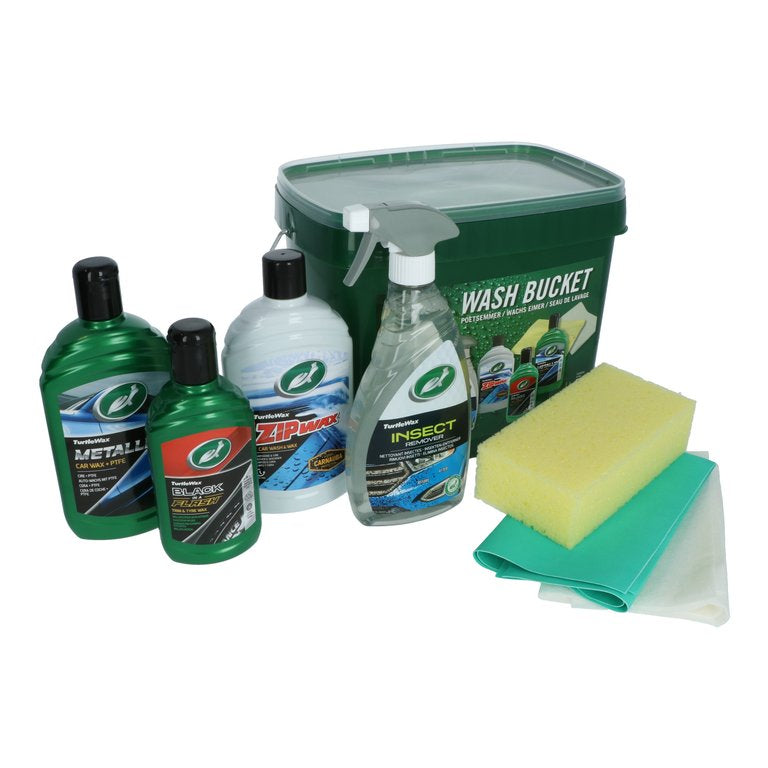 Turtle Wax bilplejesæt i spand – 7 dele med bilvaskemidler, svamp og klude i praktisk opbevaring.
