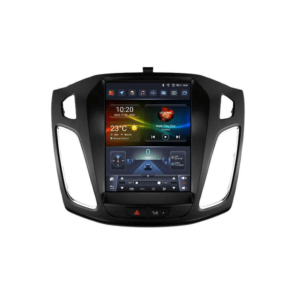 Ford Focus 11–18 – 9,7" ραδιόφωνο με Apple CarPlay και Android Auto, με οθόνη αφής και λειτουργίες.