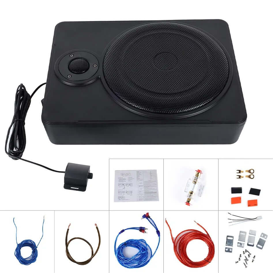 Λεπτό ενεργό subwoofer 10” για αυτοκίνητο – 600W κάτω από το κάθισμα, με compact σχεδιασμό και αξεσουάρ εγκατάστασης.