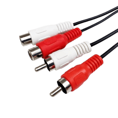 RCA-verlengkabel – 1 meter (rood/wit, male naar female) met rode en witte stekkers, ideaal voor audioverbindingen.