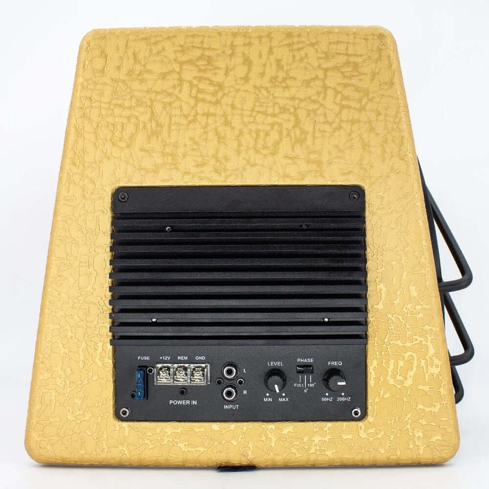 Auto subwoofer 200W RMS – kofferbakbas 3800W achterzijde met aansluitingen en bedieningselementen