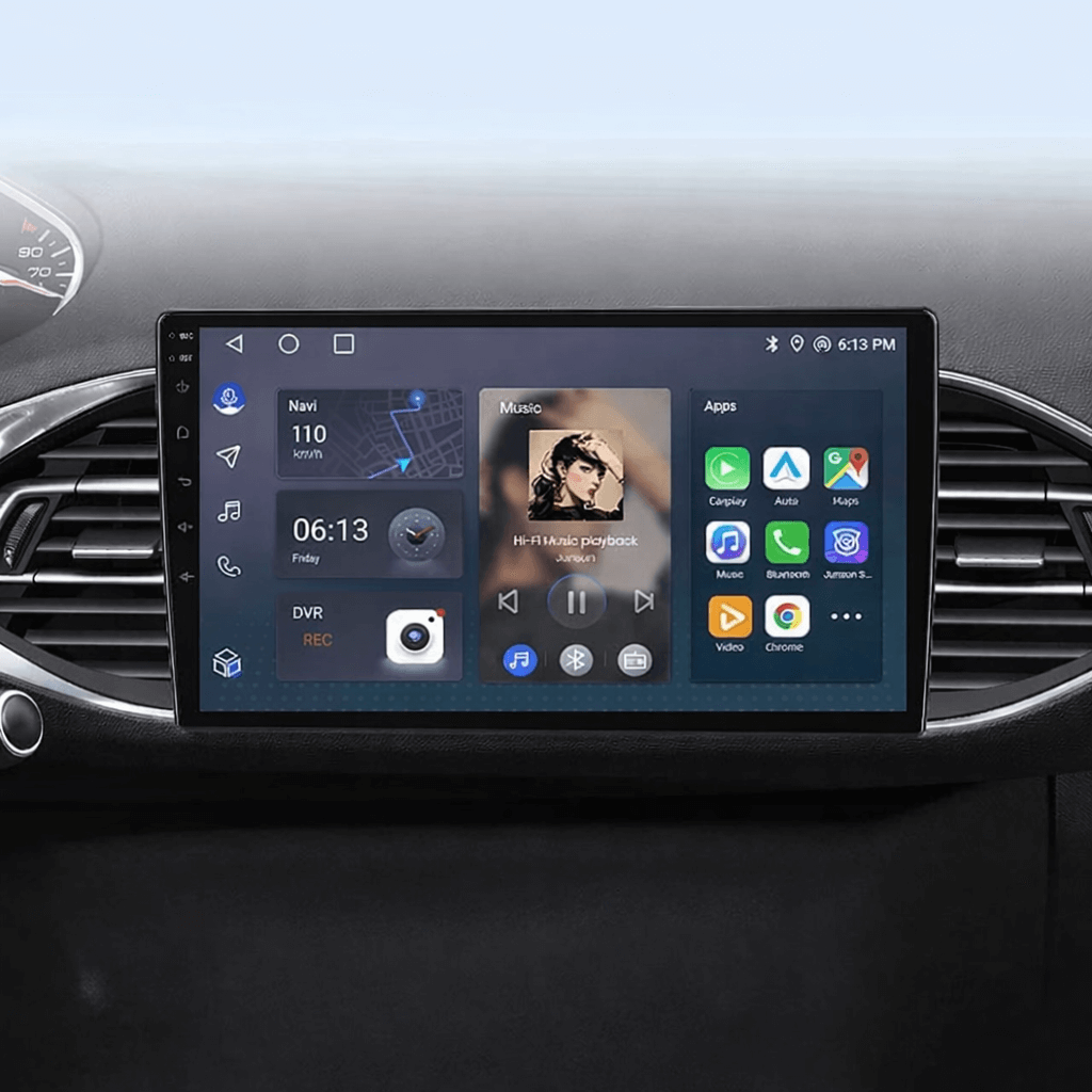 Peugeot 308 13-21 - 9" radio met Apple CarPlay en Android Auto, ingebouwd in het dashboard van de auto.