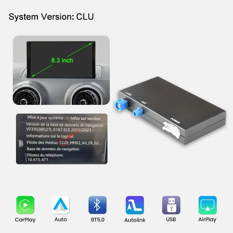 Ασύρματο Apple CarPlay & Android Auto για Audi A3 και Q2 (2012–2020) – εργοστασιακή οθόνη, πληροφορίες συστήματος και μονάδα.