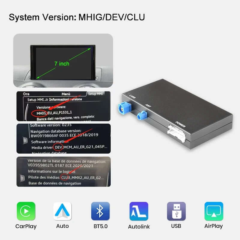 Ασύρματο Apple CarPlay & Android Auto για Audi A3 και Q2 (2012–2020) – input display και module για την εργοστασιακή οθόνη.