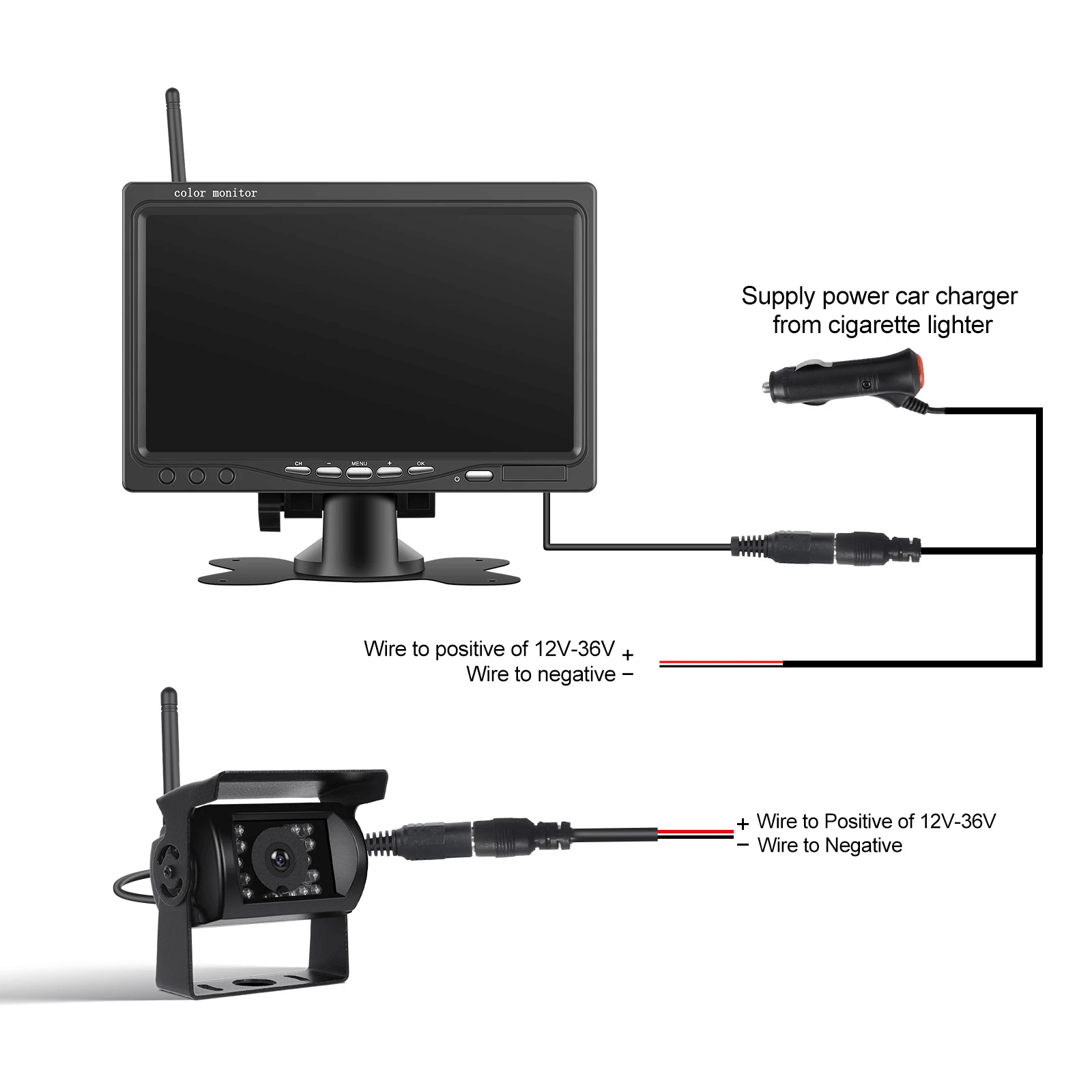 Trådløst bakkamera med skærm – 7” monitor til bil, varebil & trailer - installation guide with monitor and camera schematic